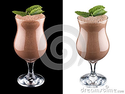 Fruit and chocolate smoothie on dark and white background Stock Photo