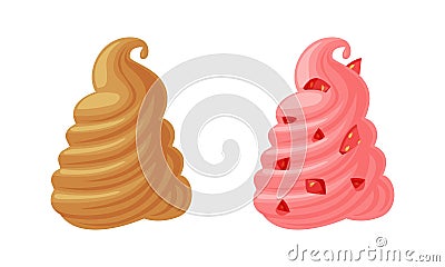 Fruit and Chocolate Whipped Cream Swirl as Ice Cream Top Vector Set Vector Illustration