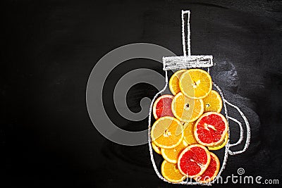 Fruit Citrus Slices in drawn Mason Jar. Food Art. Top view. Heal Stock Photo