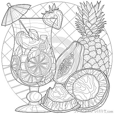 Fruit cocktail. Coconut, pineapple, papaya.Sweets.Coloring book antistress for children and adults Stock Photo