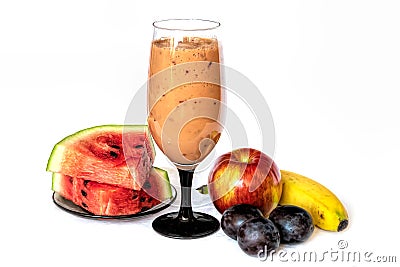 Fruit cocktail with watermelon, apple, banana and plum. Stock Photo