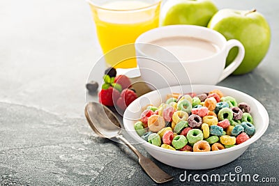 Fruit colorful sweet cereals with juice and cocoa Stock Photo