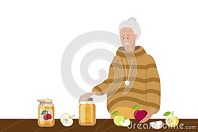 Fruit Conservation. Elderly woman standing at table. Jar of compote, apple fruits on table. Grandmother cooking apple Vector Illustration