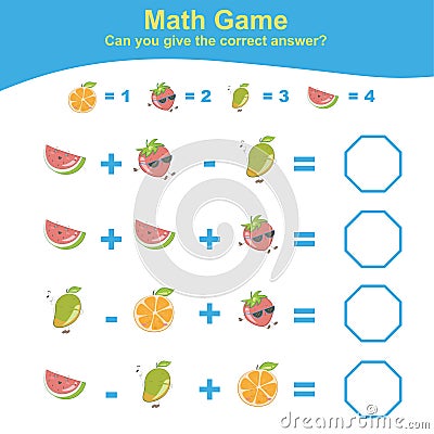 Fruit Counting Math Worksheet. Math Worksheet for Preschool Vector Illustration