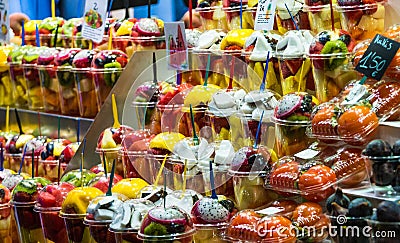 Fruit Cups in Barcelona Market Editorial Stock Photo