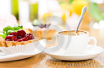 Fruit dessert and coffee Stock Photo