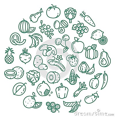 Fruit doodle in round shape. Food decorative pattern Vector Illustration
