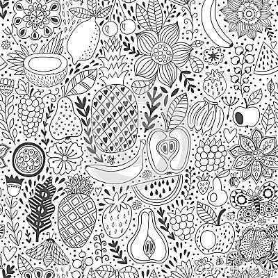 Fruit doodles seamless vector pattern. Hand drawn summer backdrop Vector Illustration