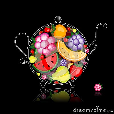 Fruit drink, teapot on black for your design Vector Illustration