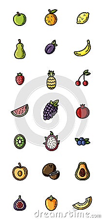 Fruit flat design vector colorful icon set. Collection of isolated fruits symbols Vector Illustration