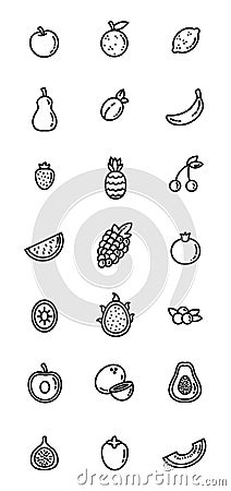 Fruit flat design vector icon set. Collection of outline symbols isolated on white background Vector Illustration