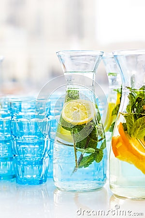 Fruit-flavoured water or soda drinks served at charity event Stock Photo