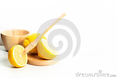 fruit fresh natural lemon vegetable with wet waterdrop, kitchen table isolated background, organic food and nutrition vitamin Stock Photo