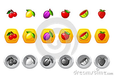 Fruit game icons for casino slot machine, gambling, lotteries or mobile puzzle ui elements. Vector Illustration