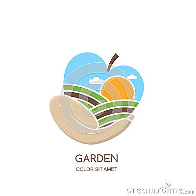 Fruit gardens and farming logo, label, emblem design. Fields landscape in apple shape. Vector Illustration