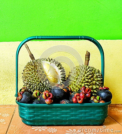 Fruit gift basket with colourful background theme Stock Photo