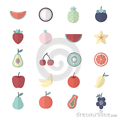 Fruit, Healthy Food Set Of Nature Icon Style Colorful Flat Vector Illustration