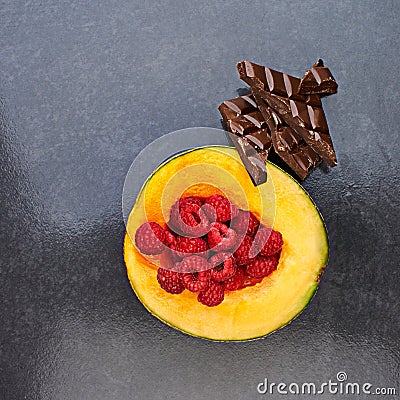 Fruit, healthy raspberries or chocolate in restaurant for balanced diet, nutrition or natural vitamin A. Vegan, top view Stock Photo
