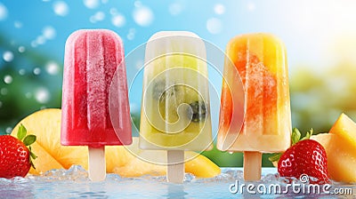 Fruit ice cream popsicles on a blue background. Strawberry, pineapple, kiwi, blueberry Generative AI Cartoon Illustration