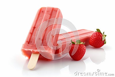 Fruit ice cream with strawberries on white background Stock Photo