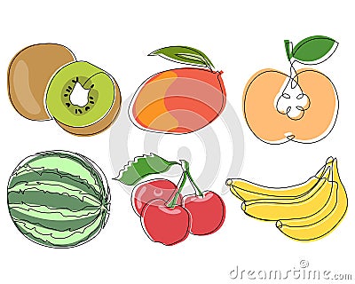 Set of drawn fruits, kiwi, mango, watermelon, bananas. Black line with the addition of colored spots. Icons Vector Illustration