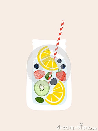 Fruit infused water mix lemon, blueberry, strawberry, kiwi and mint in mason jar mugs and striped straw element Vector Vector Illustration