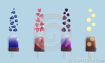 Fruit ice cream and berries Vector Illustration