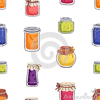 Fruit jam in jars, seamless pattern. Confiture, jelly preserves, homemade marmalade. Endless background, texture, print Vector Illustration