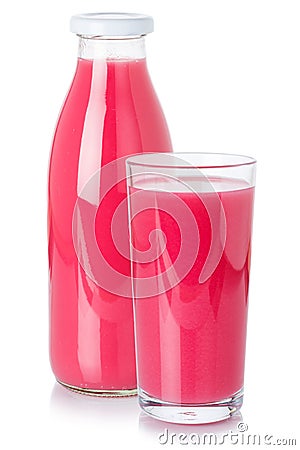 Fruit juice drink strawberry smoothie in a bottle and glass isolated on white Stock Photo