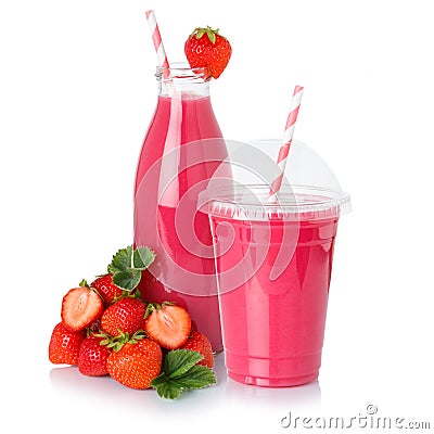 Fruit juice drink strawberry smoothie straw strawberries in a bottle and cup isolated Stock Photo