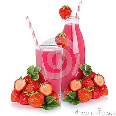 Fruit juice drink strawberry smoothie straw strawberries glass bottle isolated Stock Photo