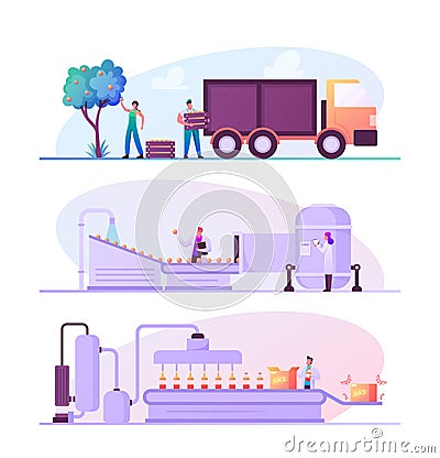 Fruit Juice Factory Manufacturing. Characters Harvesting Ripe Fruits, Loading into Truck, Delivering to Plant Conveyor Vector Illustration