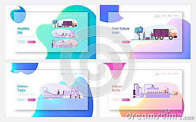 Fruit Juice Factory Manufacturing Landing Page Template Set. Characters Harvesting Ripe Fruits, Loading into Truck Vector Illustration