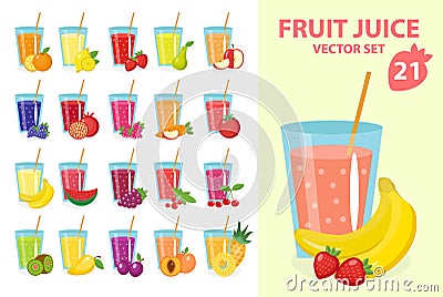 Fruit juice in glass, vector illustration set. Fresh juices icon. Vector Illustration