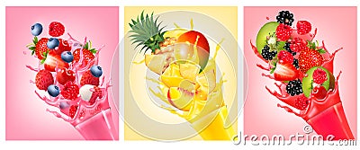 Fruit in juice splashes. Strawberry, guava. Vector Illustration