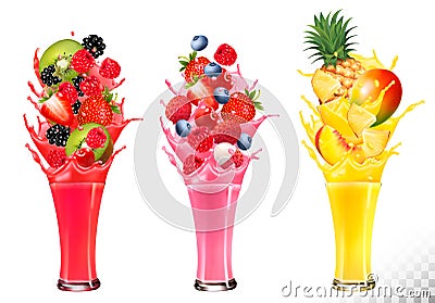 Fruit in juice splashes. Strawberry, guava, kiwi, Vector Illustration