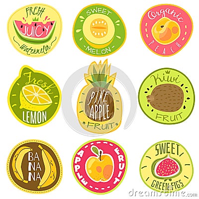 Fruit labels. Juice fresh organic fruit natural vegan food farm emblem logo print sticker text cartoon vector templates Vector Illustration