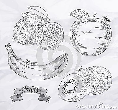 Fruit lemon, apple, banana, kiwi vintage Vector Illustration