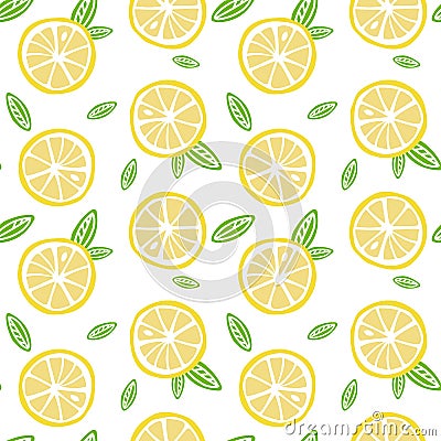 Fruit lemon with green leaves on a white background pattern seam Vector Illustration