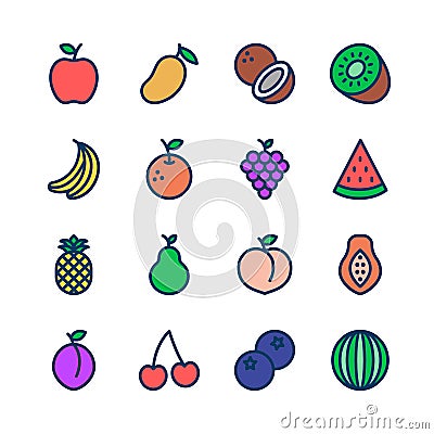 Fruit line icons set, fill outline style. Vector Illustration Stock Photo