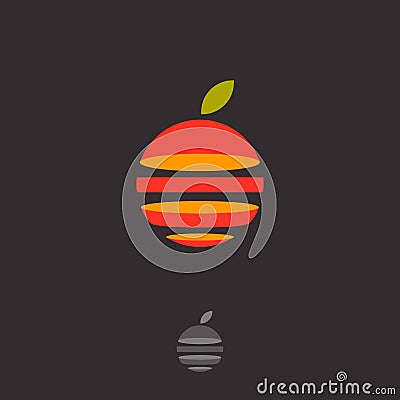 Fruit logo. Fruit abstract emblem. Cut orange sphere and leaf. Vector Illustration