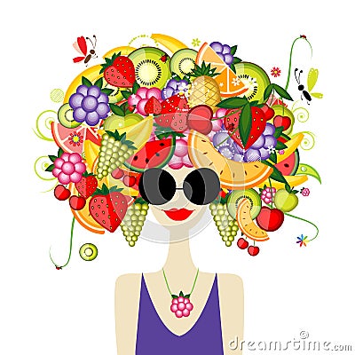 Fruit Lover, Female Portrait, pretty woman in sunglasses. Design for fashion cards, banners, posters Vector Illustration