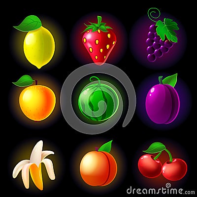 Fruit machine slot icons set . Classic collection symbol for games gambling, mobile app. Vector illustration cartoon Vector Illustration