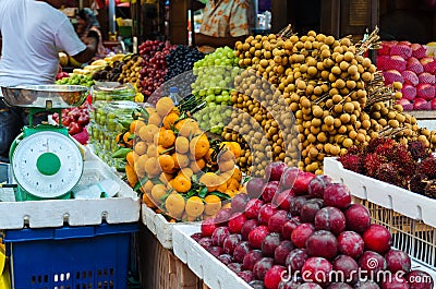 Fruit market at Kuala Lumpur street - many different Asian organic fresh fruits, everyday things. Stock Photo