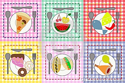 Fruit, meat, cakes and other food on colorful plat Vector Illustration