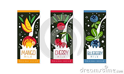 Fruit Milk Labels Set, Mango, Cherry, Blueberry Natural Dairy Products Banner, Branding, Packaging Templates Vector Vector Illustration