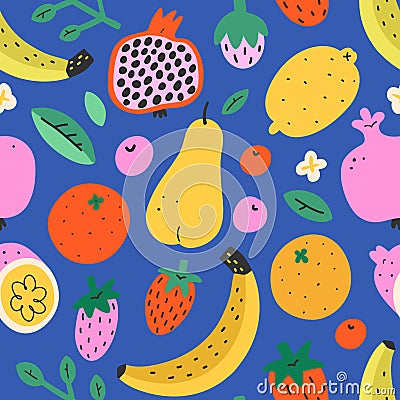 Fruit mix pattern, summer sweet food background, seamless vector texture, pomegranate, lemon and tropical fruit, cute Vector Illustration