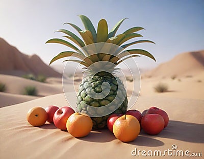 A fruit oasis in the middle of the desert, filled with a variety of tropical fruits Stock Photo