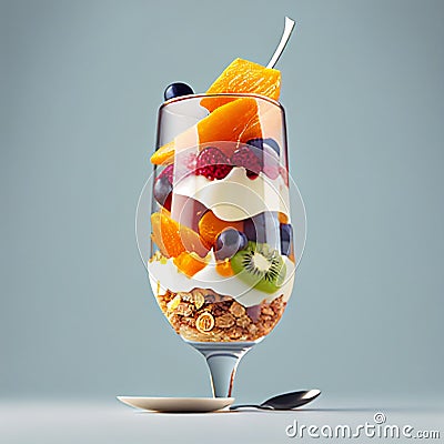 Fruit parfait with layers of yogurt, granola, and sliced fruits, served in a clear glass with a spoon Stock Photo