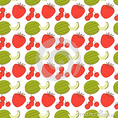 Fruit pattern with coloring melon, strawberry and cherry element. Seamless pattern with watermelons and strawberries Vector Illustration